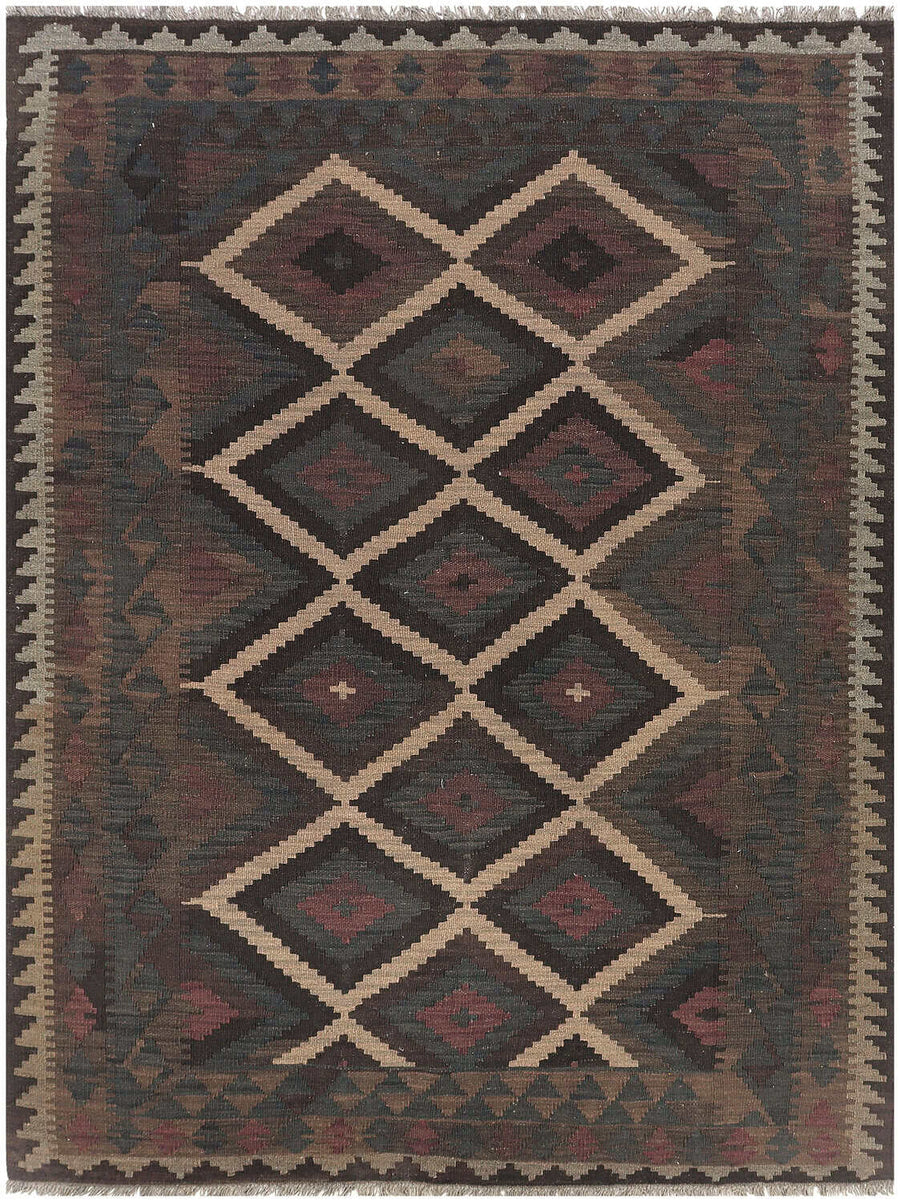Dark Kilim Rug with Light Diamond Outlines, 202 × 150 cm — view 1