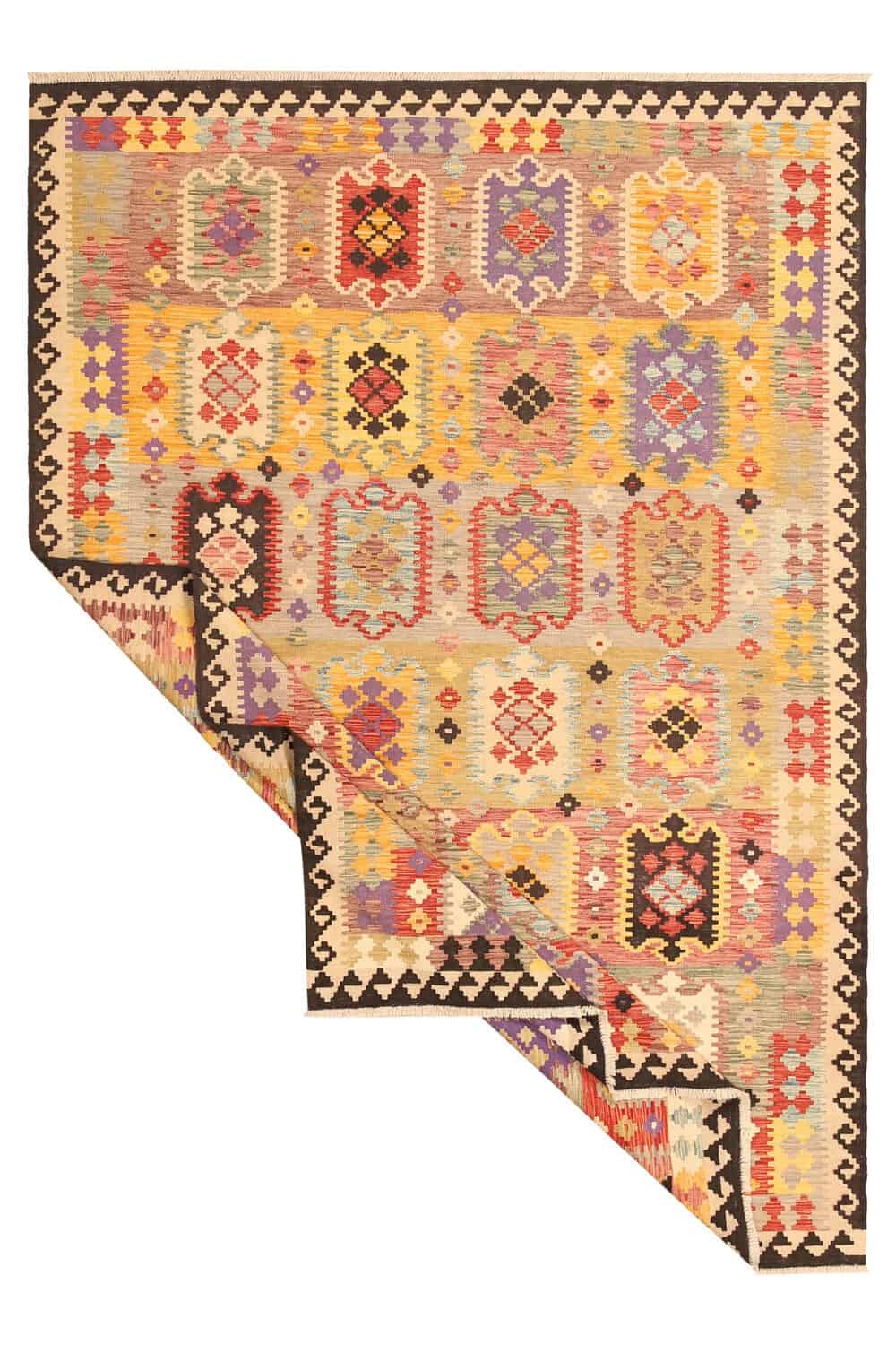 Multicolor Geometric Panel Kilim Rug, 289 × 202 cm — full view