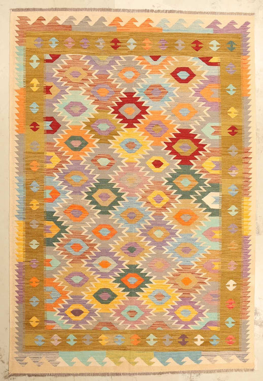 Kelim Teppich mit ockerfarbener Bordüre, 290 × 196 cm, KT-26694 – Ansicht 1