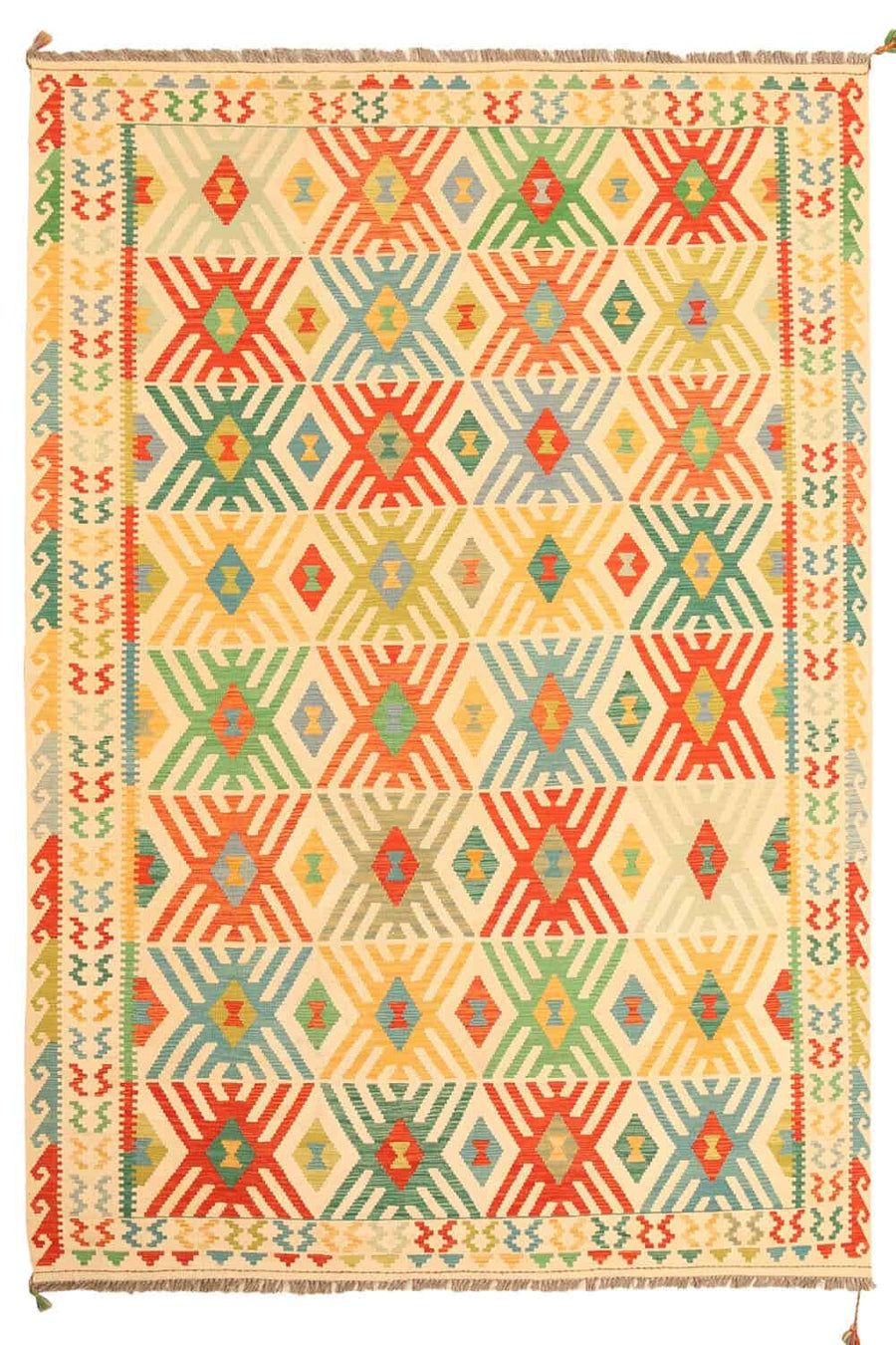 Cream and Green Diamond Kilim Rug, 294 × 206 cm — full view