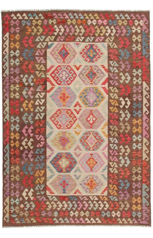 Kelim Teppich mit roter Bordüre und hellem Mittelfeld, 296 × 200 cm, KT-14035 – Ansicht 1