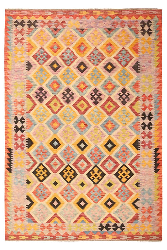 Kelim Teppich mit bunten Rauten und Innenmotiven, 297 × 200 cm, KT-27513 – Ansicht 1