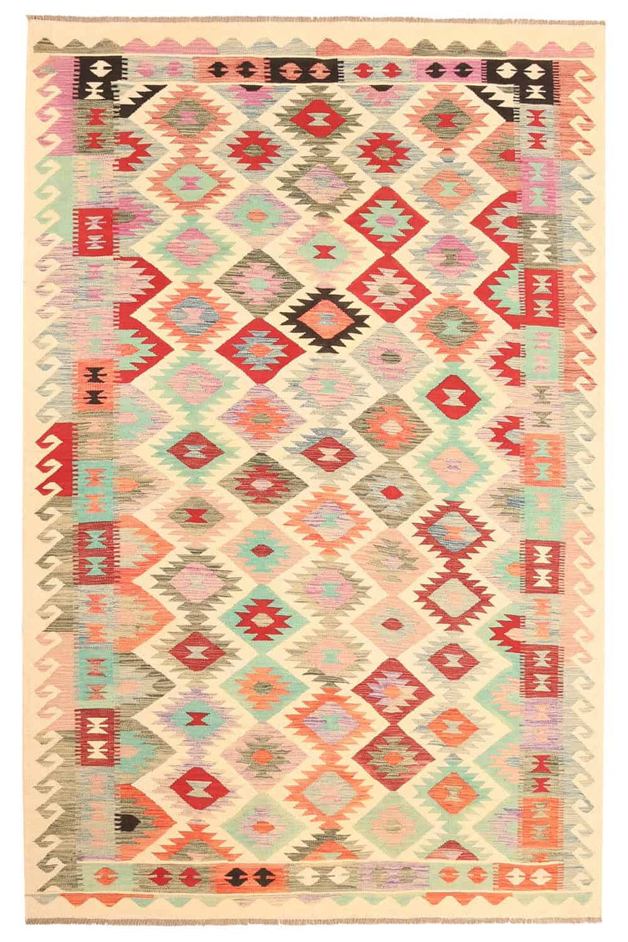 Light Kilim Rug with Pink and Green Diamonds, 298 × 192 cm — full view