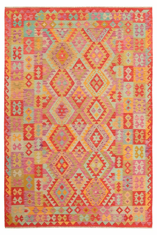 Bunter Kelim Teppich mit Rauten und Musterfeldern, 298 × 201 cm, KT-14059 – Ansicht 1