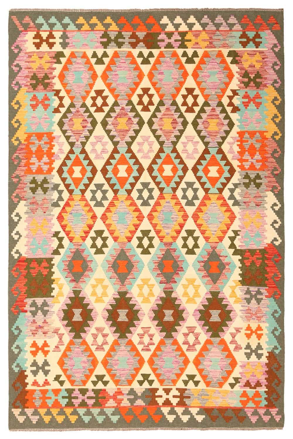 Multicolor Kilim Rug with Dark Border, 298 × 206 cm — full view
