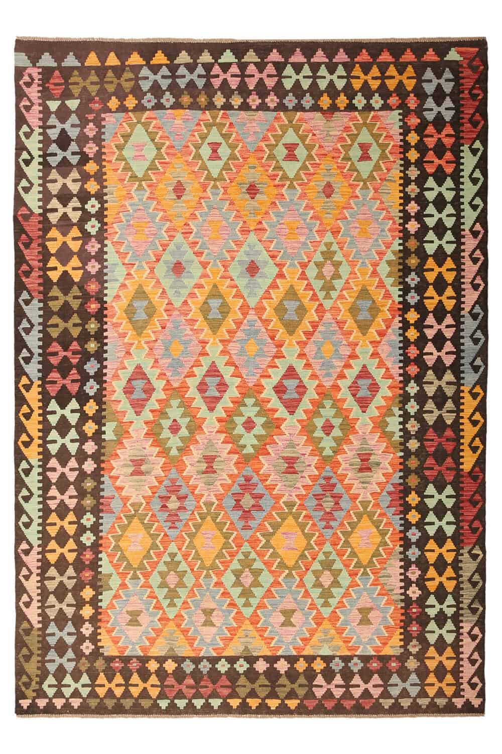 Colorful Kilim Rug with Brown Border, 299 × 206 cm — full view
