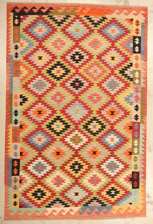 Roter Kelim Teppich mit gezackten Rauten, 300 × 195 cm, KT-27454 – Ansicht 1
