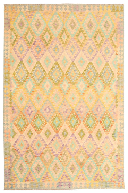 Pastellfarbener Kelim Teppich mit Rauten, 301 × 198 cm, KT-19583 – Ansicht 1