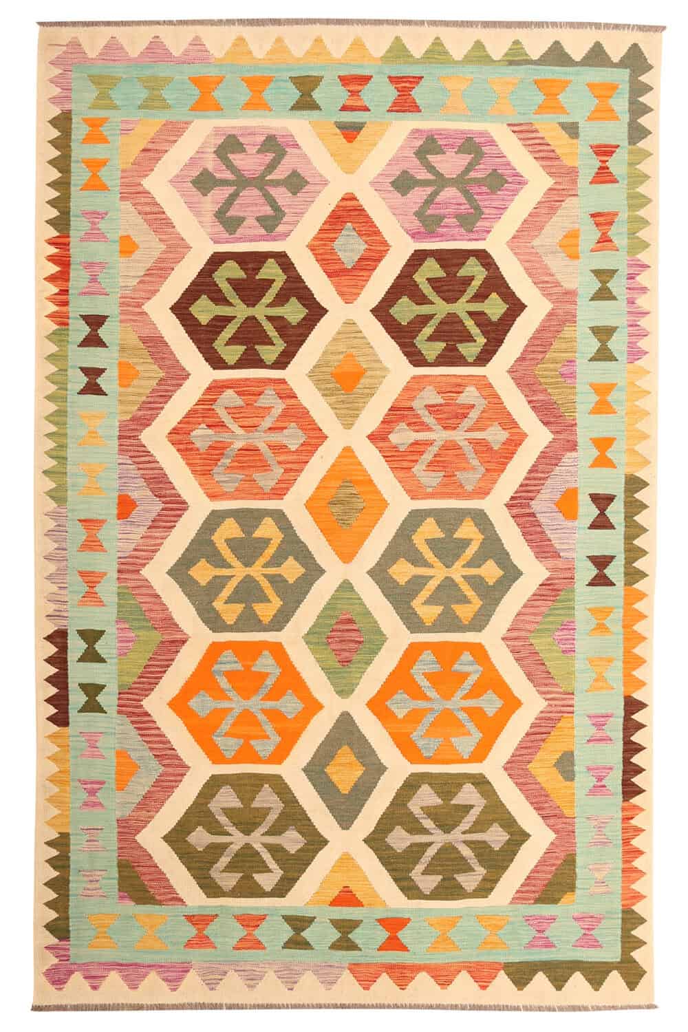 Hexagonal Medallion Kilim Rug, 302 × 192 cm — full view