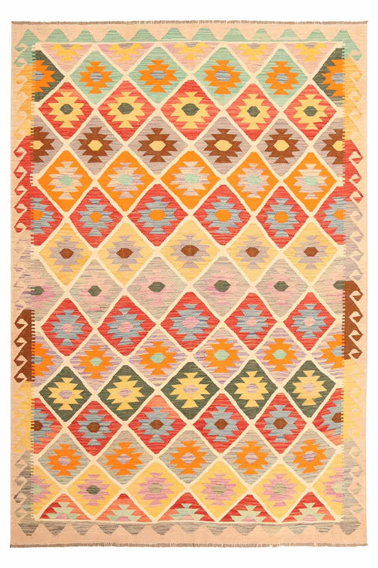 Kelim Teppich mit bunten Rauten auf hellem Grund, 302 × 202 cm, KT-28216 – Ansicht 1