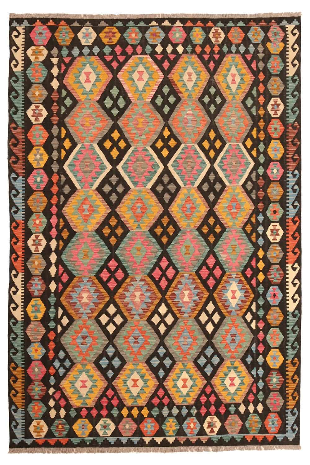 Black Ground Colorful Diamond Kilim Rug, 303 × 204 cm — view 1