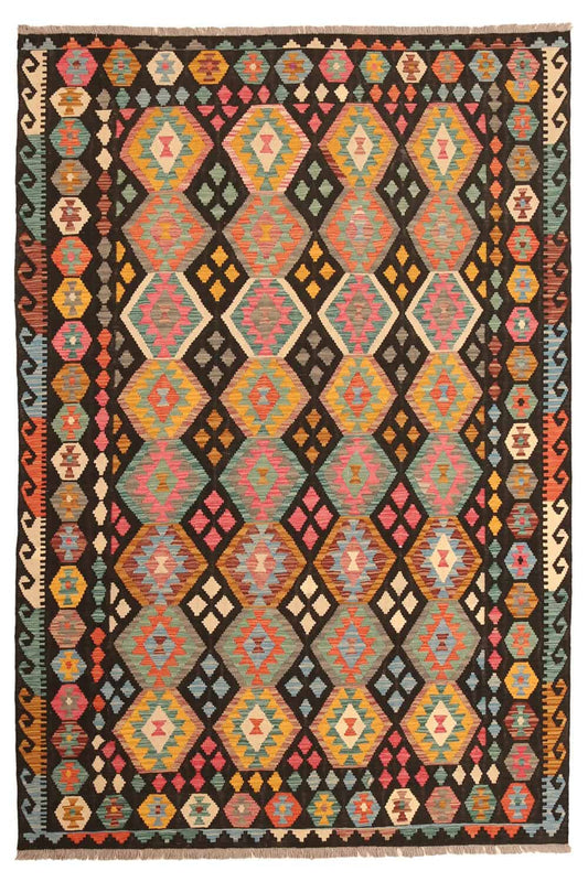 Kelim Teppich mit bunten Rauten und schwarzem Grund, 303 × 204 cm, KT-14906 – Ansicht 1