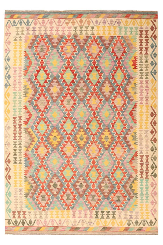 Kelim Teppich mit feinem buntem Rautenmuster, 304 × 209 cm, KT-27337 – Ansicht 1
