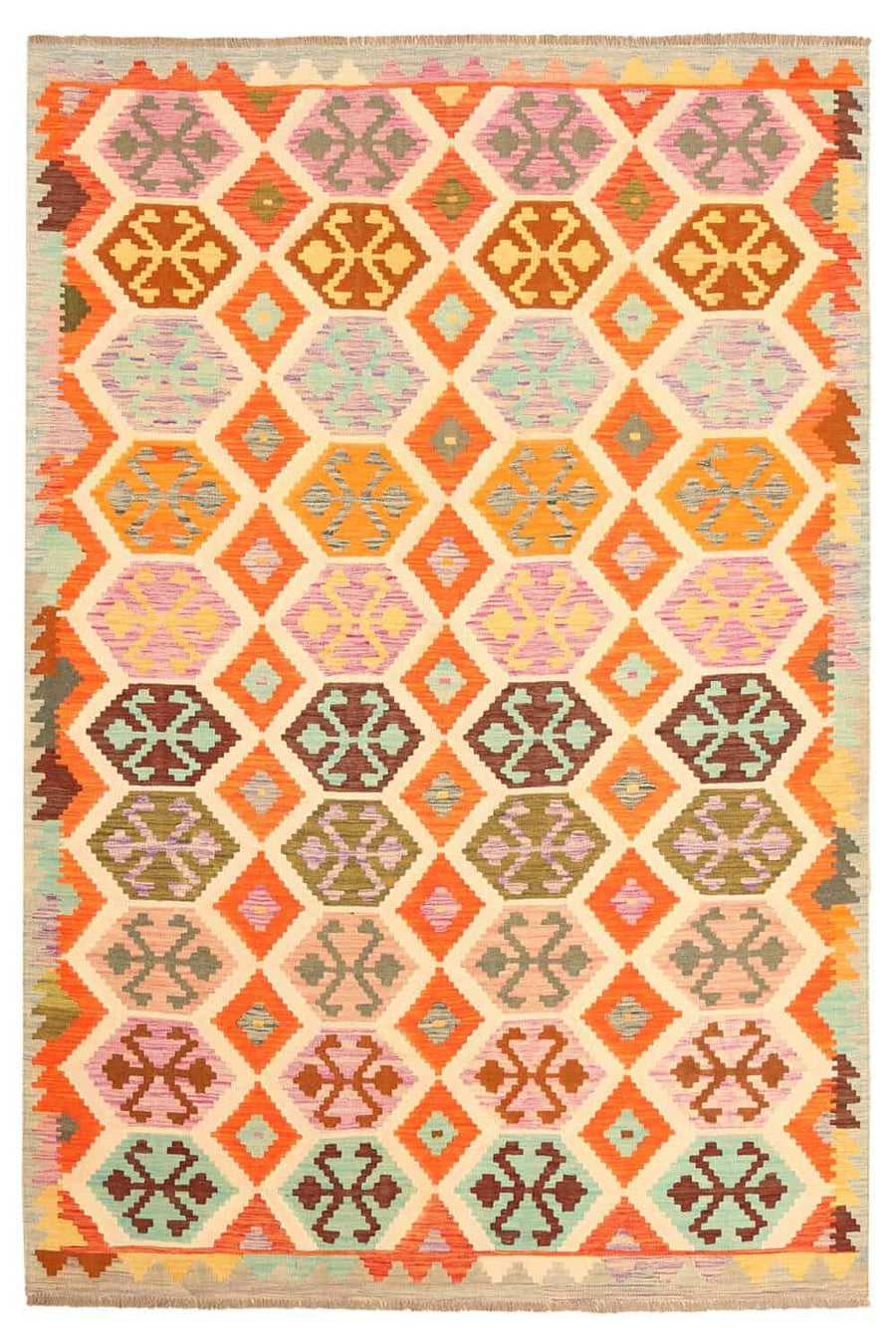 Colorful Hexagon Kilim Rug, 305 × 203 cm — full view