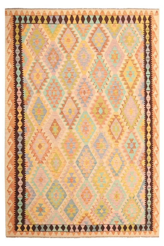 Pastell Kelim Teppich mit dunklen Seitenbordüren, 305 × 207 cm, KT-27449 – Ansicht 1