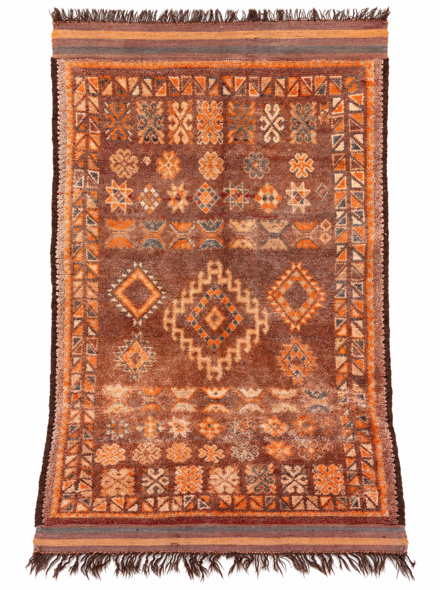 Ochre Vintage Moroccan Rug with Ornamental Medallions, 209 × 156 cm.