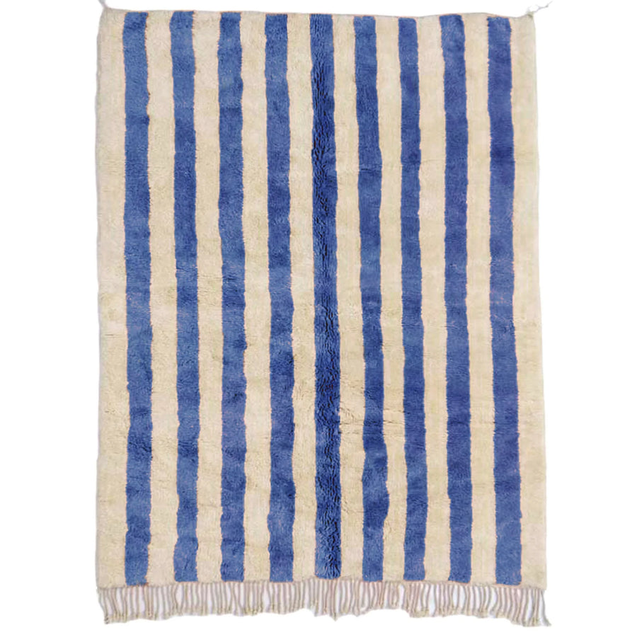 Front view of Mrirt wool rug, blue and cream ground with broad lengthwise stripes