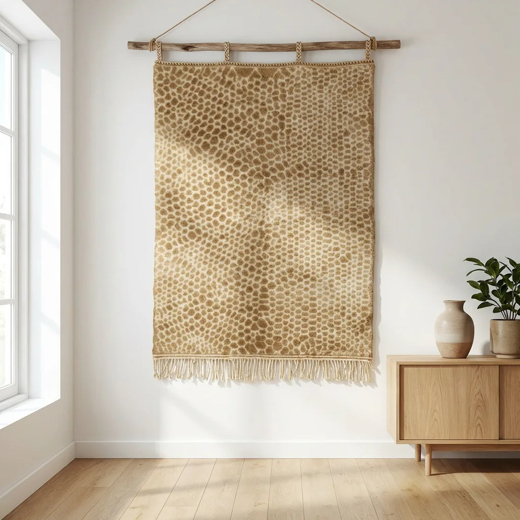Mrirt wool rug, beige-brown ground with a fine dark grid, product view 2