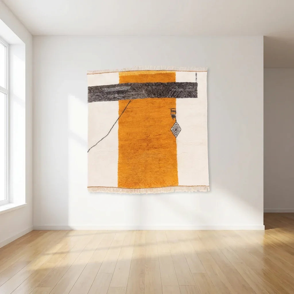 Mrirt wool rug, cream ground with orange and dark color blocks, product view 2