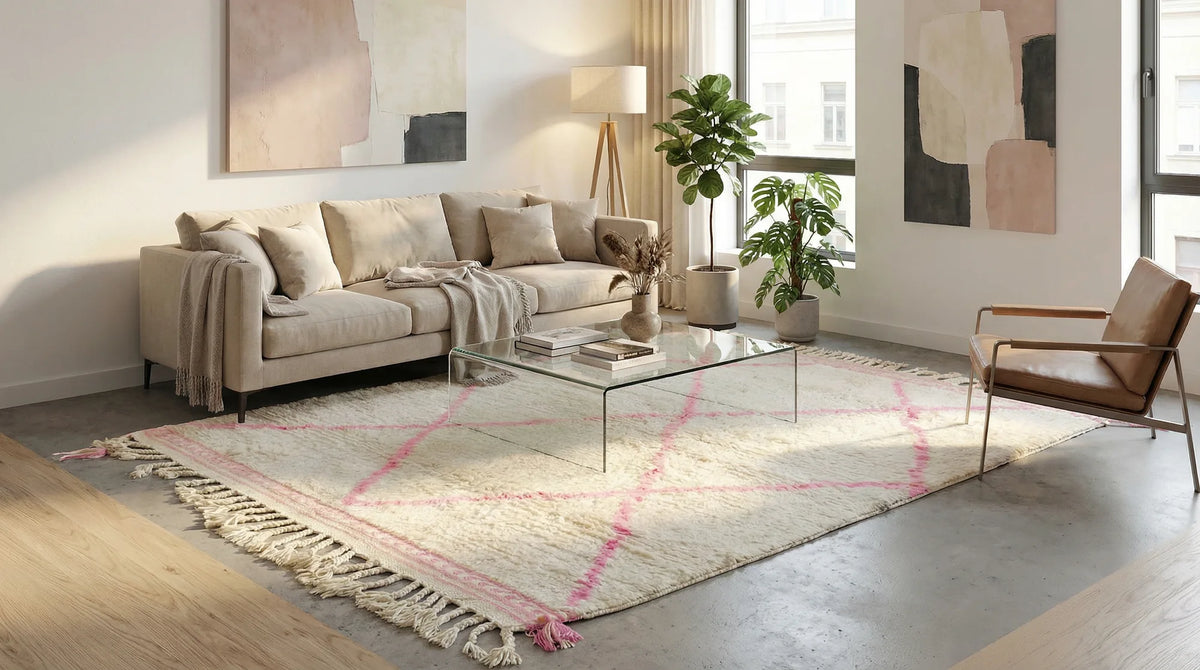 Mrirt wool rug, cream ground with a pink diamond pattern, product view 2