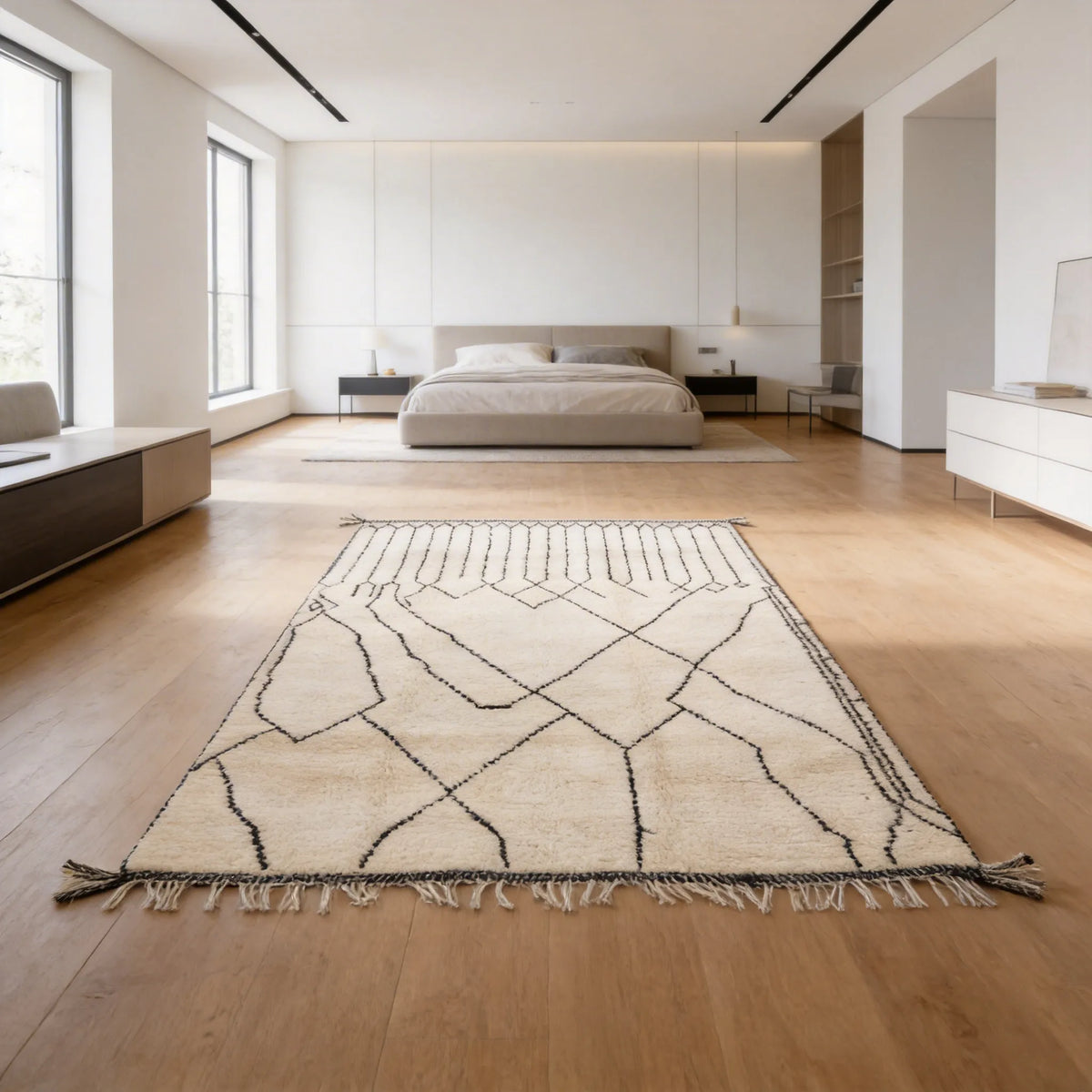 Mrirt wool rug, black grid leading into irregular diamonds on a cream ground in a bedroom setting