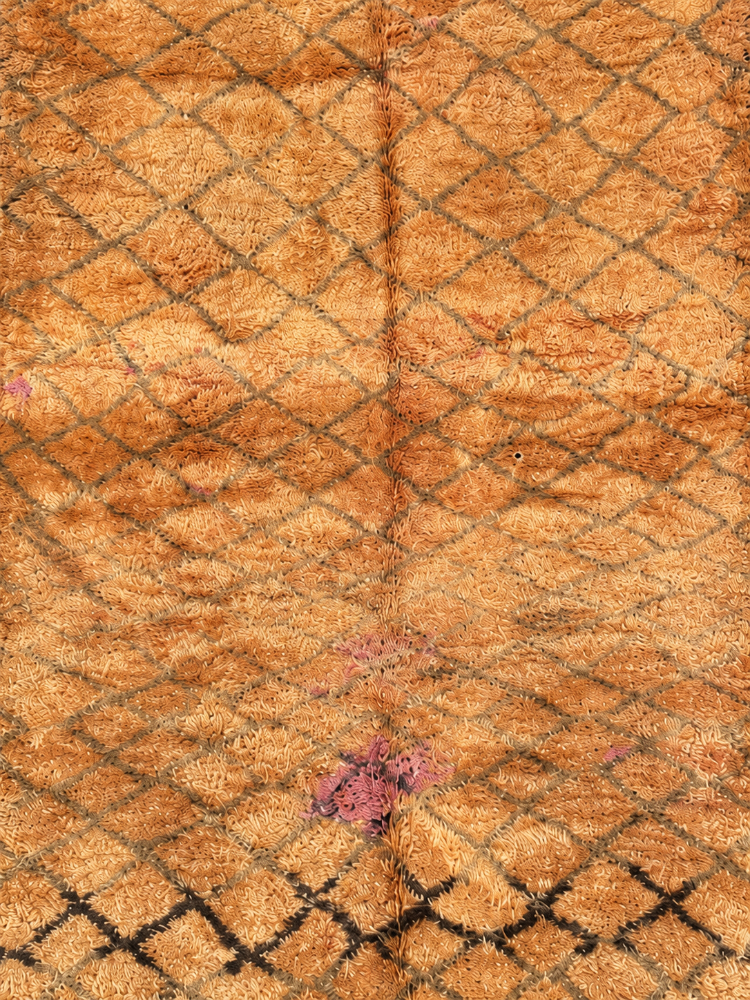 Detail of Ochre Vintage Moroccan Rug with Dark Diamond Row, 370 × 195 cm.