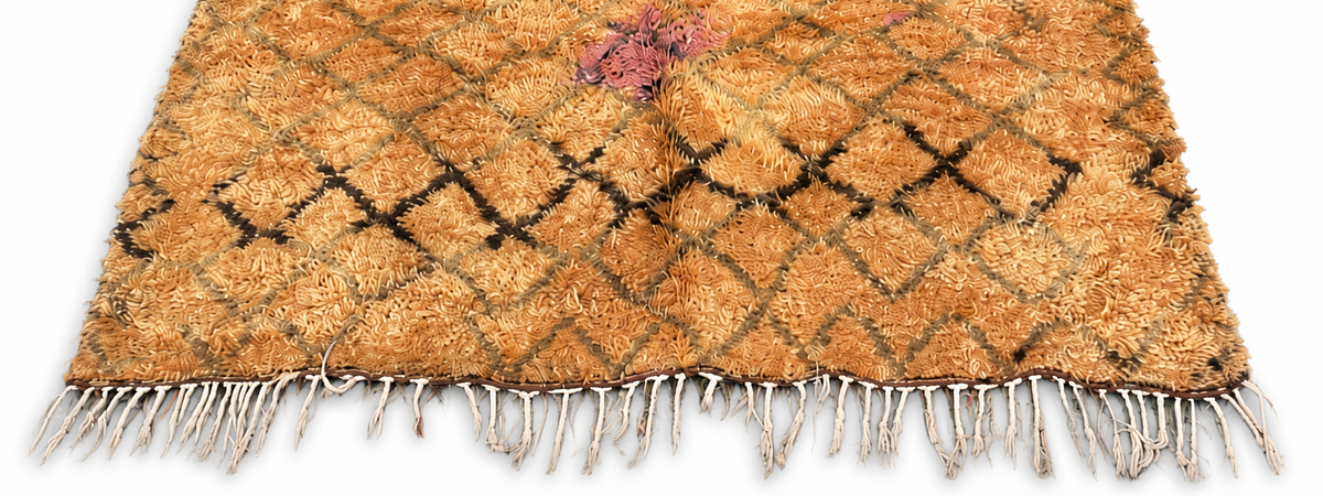 Edge detail of Ochre Vintage Moroccan Rug with Dark Diamond Row, 370 × 195 cm.