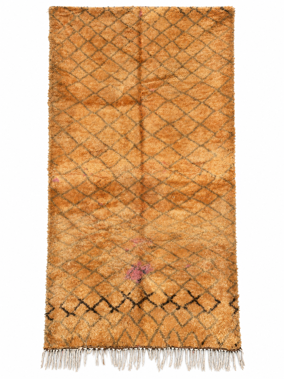 Ochre Vintage Moroccan Rug with Dark Diamond Row, 370 × 195 cm.