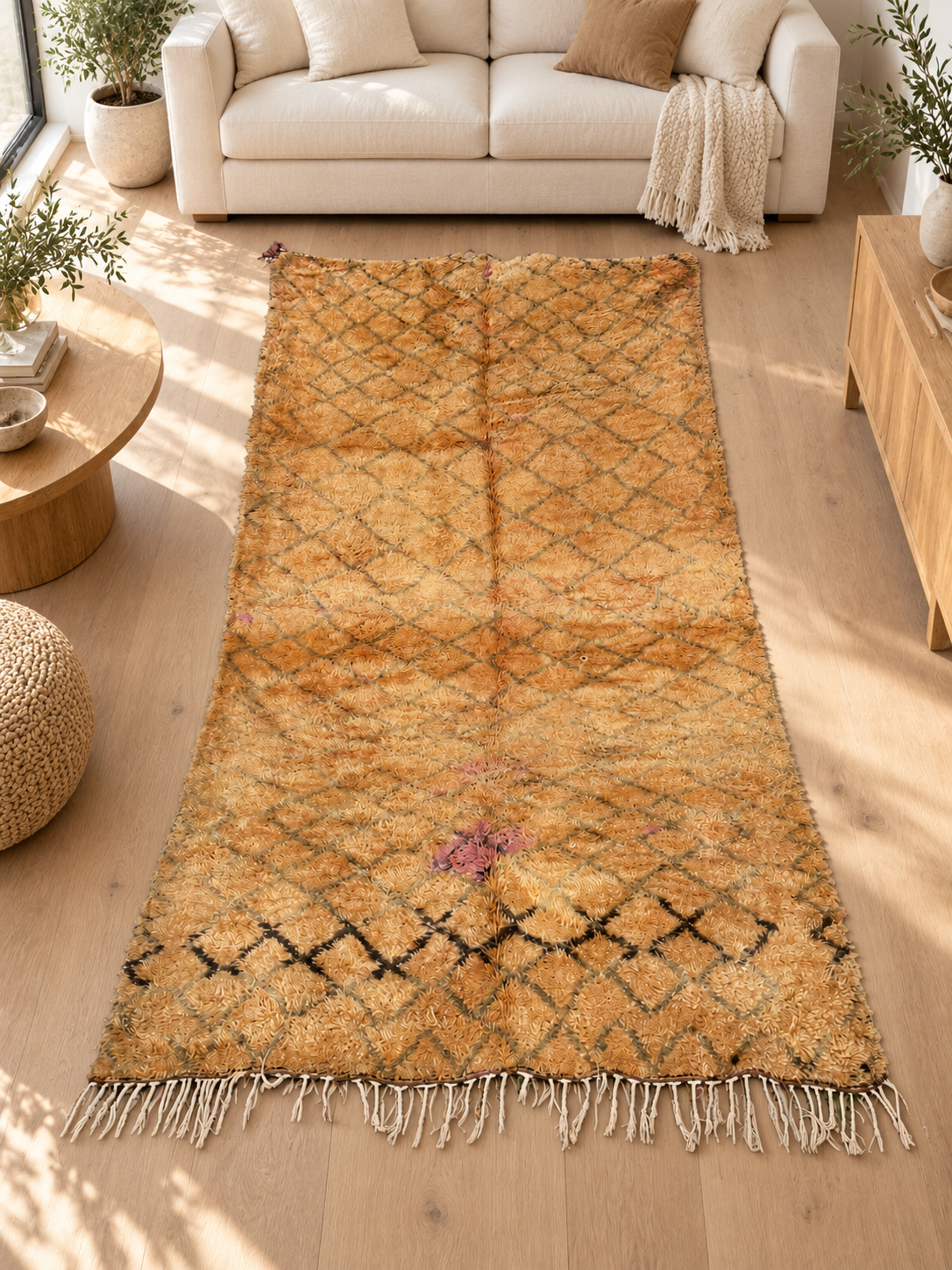 AI-generated room inspiration: Ochre Vintage Moroccan Rug with Dark Diamond Row, 370 × 195 cm.