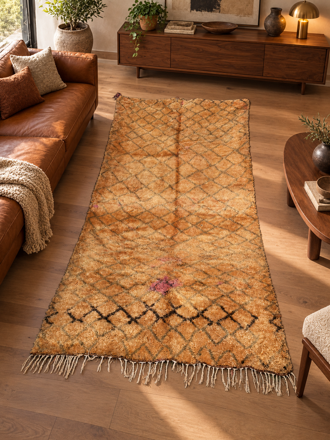 AI-generated room inspiration: Ochre Vintage Moroccan Rug with Dark Diamond Row, 370 × 195 cm.