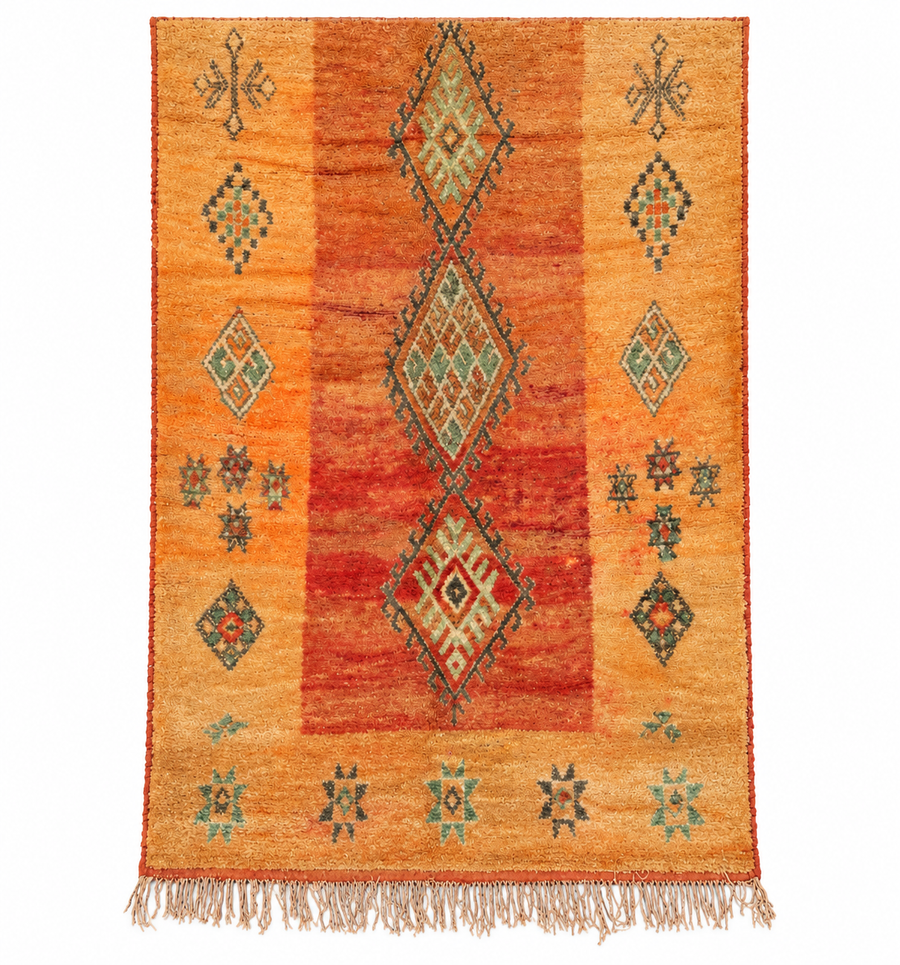 Ochre Vintage Moroccan Rug with Large Green Diamonds, 280 × 185 cm.