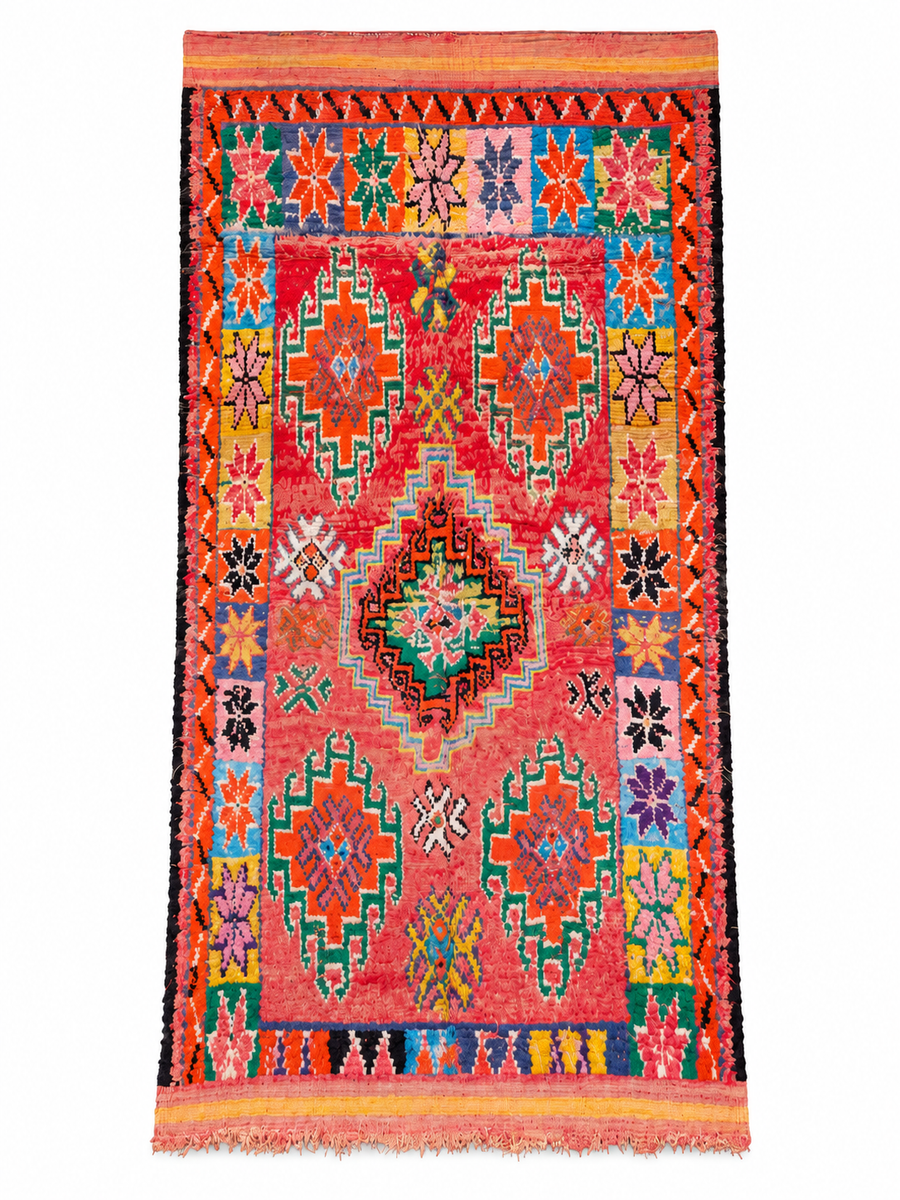 Red-Orange Vintage Moroccan Rug with Colorful Medallions, 400 × 170 cm.
