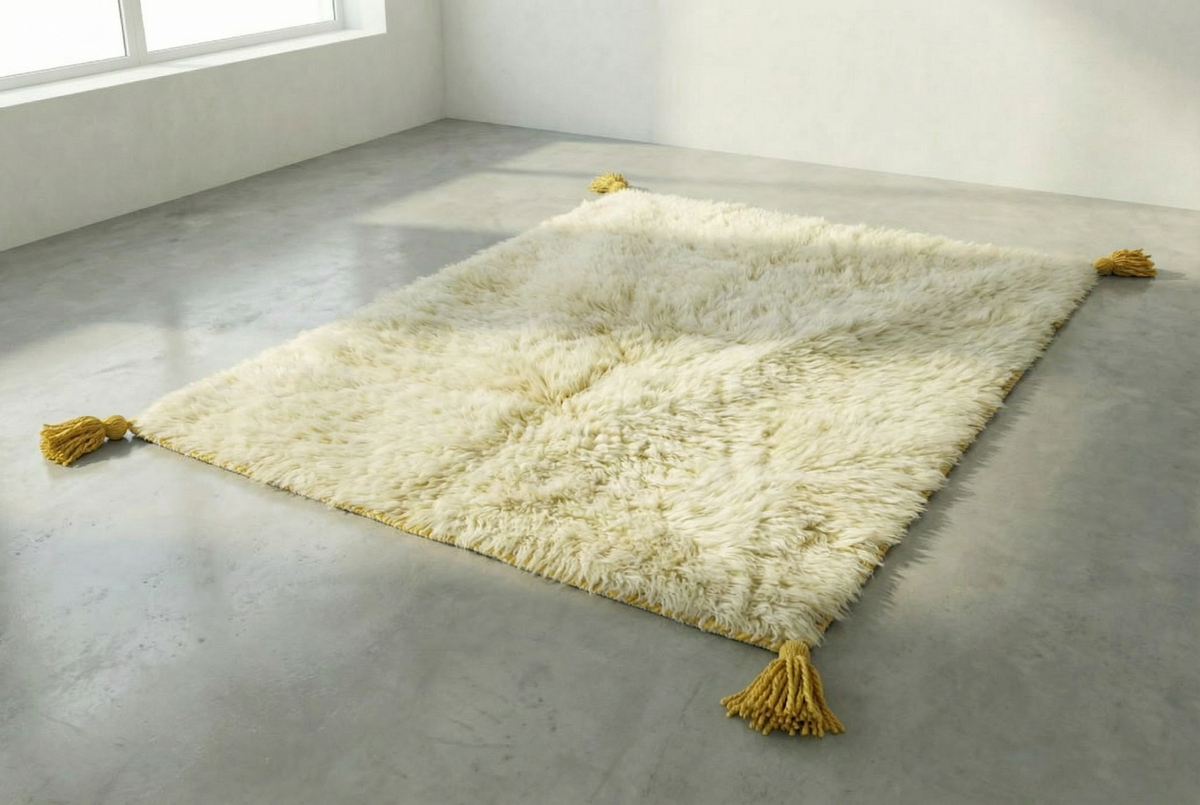 Detail of Moroccan wool rug, natural cream ground with a simple geometric design