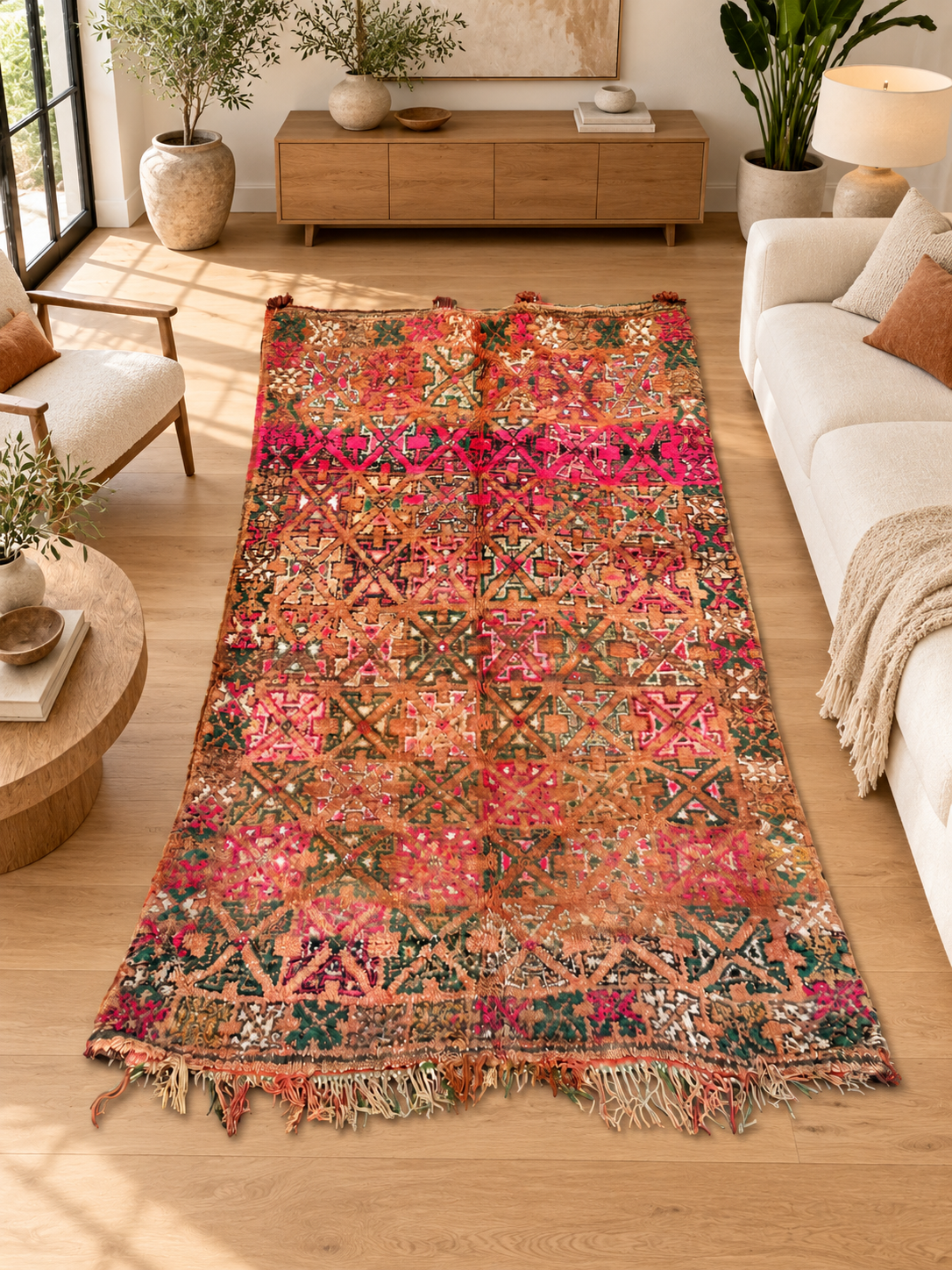 Rosa Vintage Teppich mit dichtem geometrischem Muster – 320 × 190 cm, im Wohnzimmer – KI-Rauminspiration, Ansicht 1.