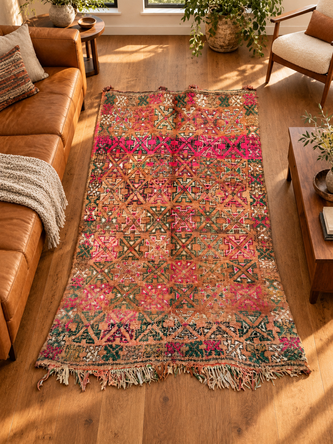 Rosa Vintage Teppich mit dichtem geometrischem Muster – 320 × 190 cm, im Wohnzimmer – KI-Rauminspiration, Ansicht 2.