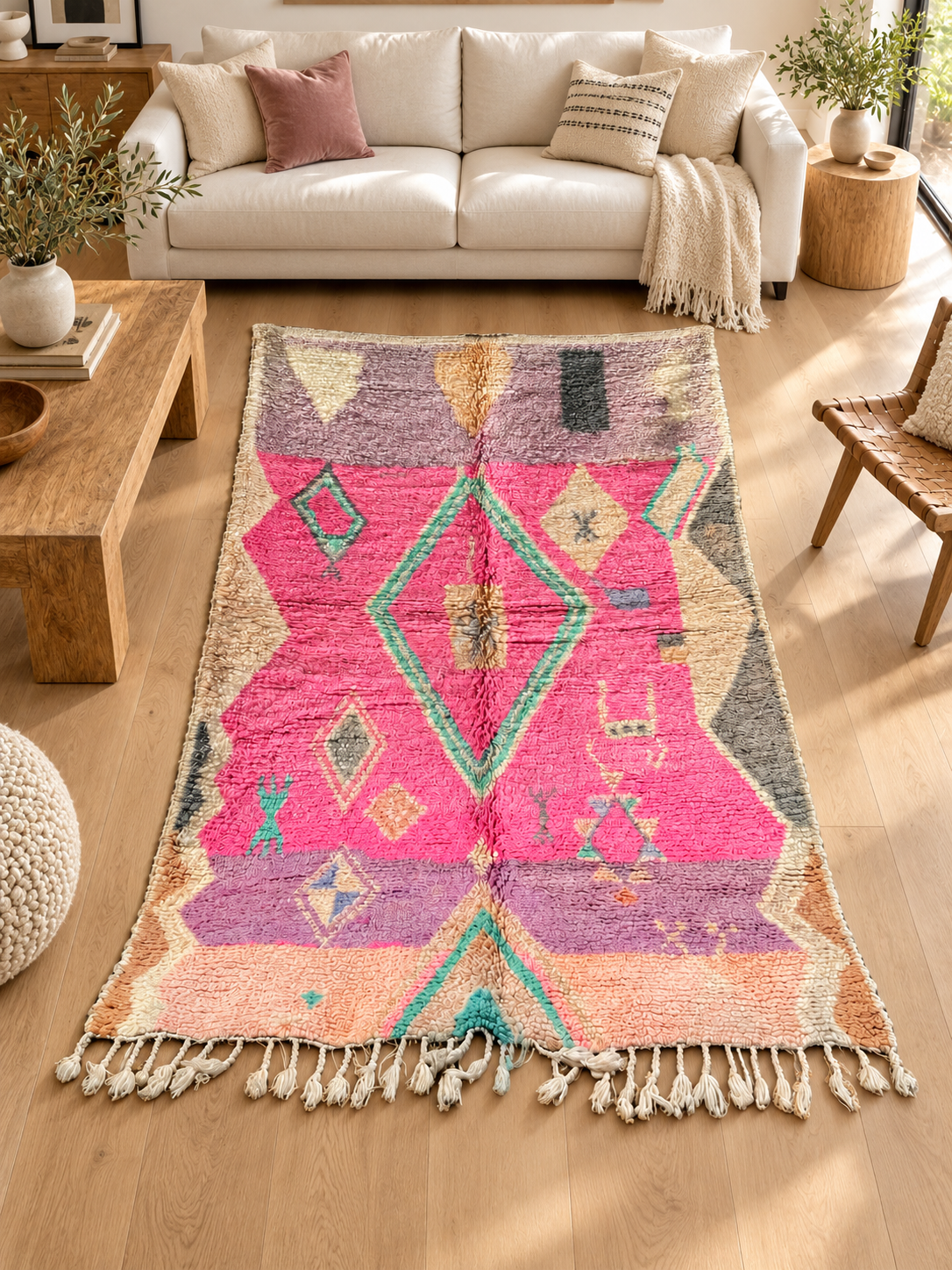 AI-generated room inspiration: Pink Vintage Moroccan Rug with Large Green Diamond, 245 × 150 cm.