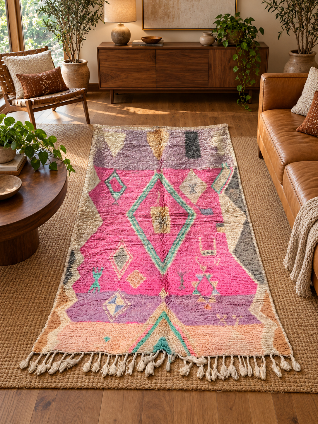 AI-generated room inspiration: Pink Vintage Moroccan Rug with Large Green Diamond, 245 × 150 cm.