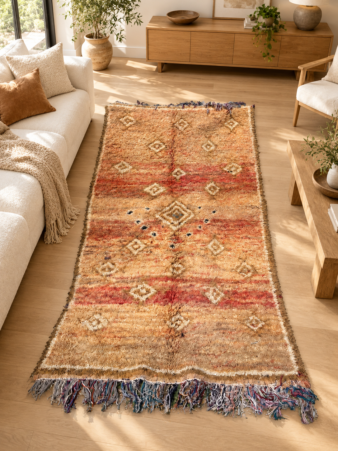 Schmaler Vintage Teppich in Beige und Rostrot mit kleinen Rauten – 240 × 126 cm, im Wohnzimmer – KI-Rauminspiration, Ansicht 1.