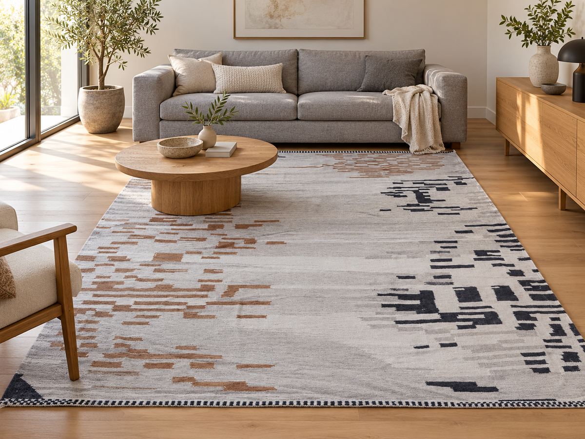 Gray and Copper Moroccan Kilim Rug, 320 × 232 cm — interior visualization