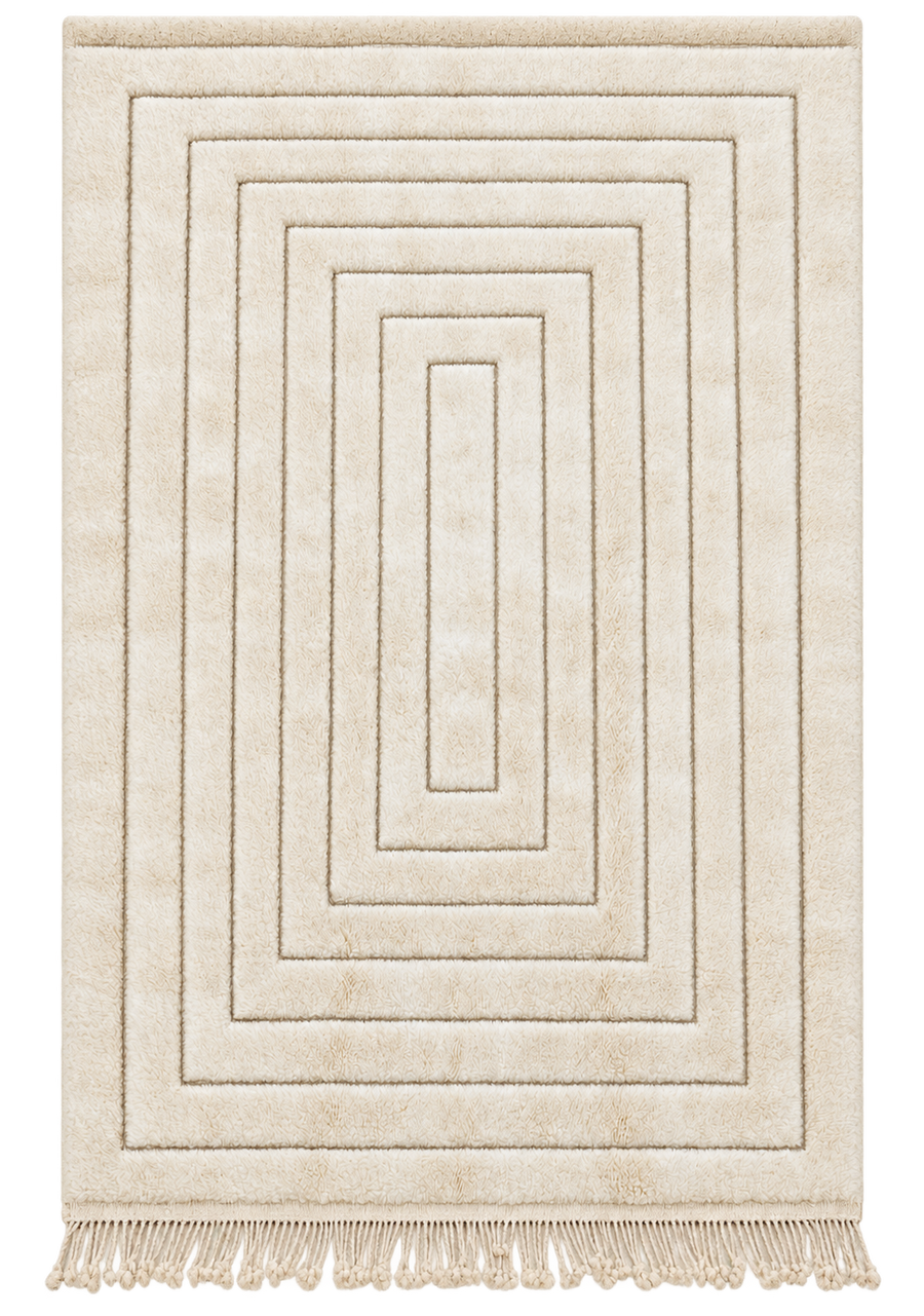 Natural White Mrirt Wool Rug with Rectangle Relief, 313 × 220 cm.