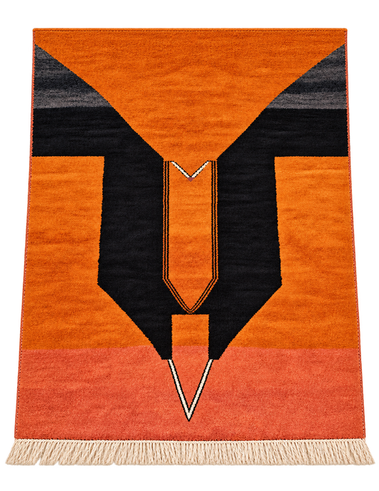 Berberteppich Terracotta-Schwarz mit abstraktem Muster – 392 × 303 cm, freigestellte Gesamtansicht