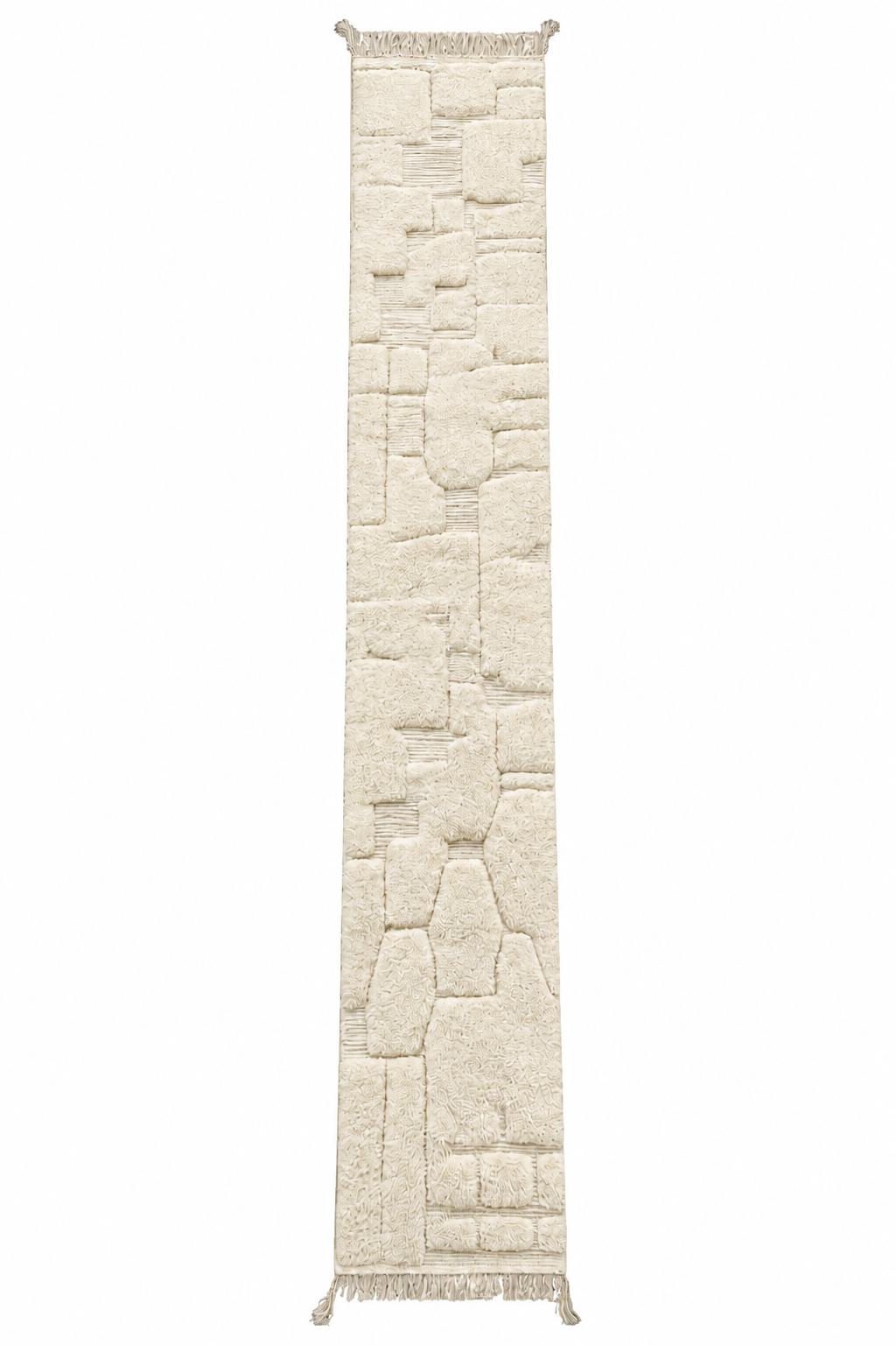 Berber Läufer Naturweiß mit Reliefmuster, 445 × 78 cm – vollständige Gesamtansicht auf weißem Hintergrund