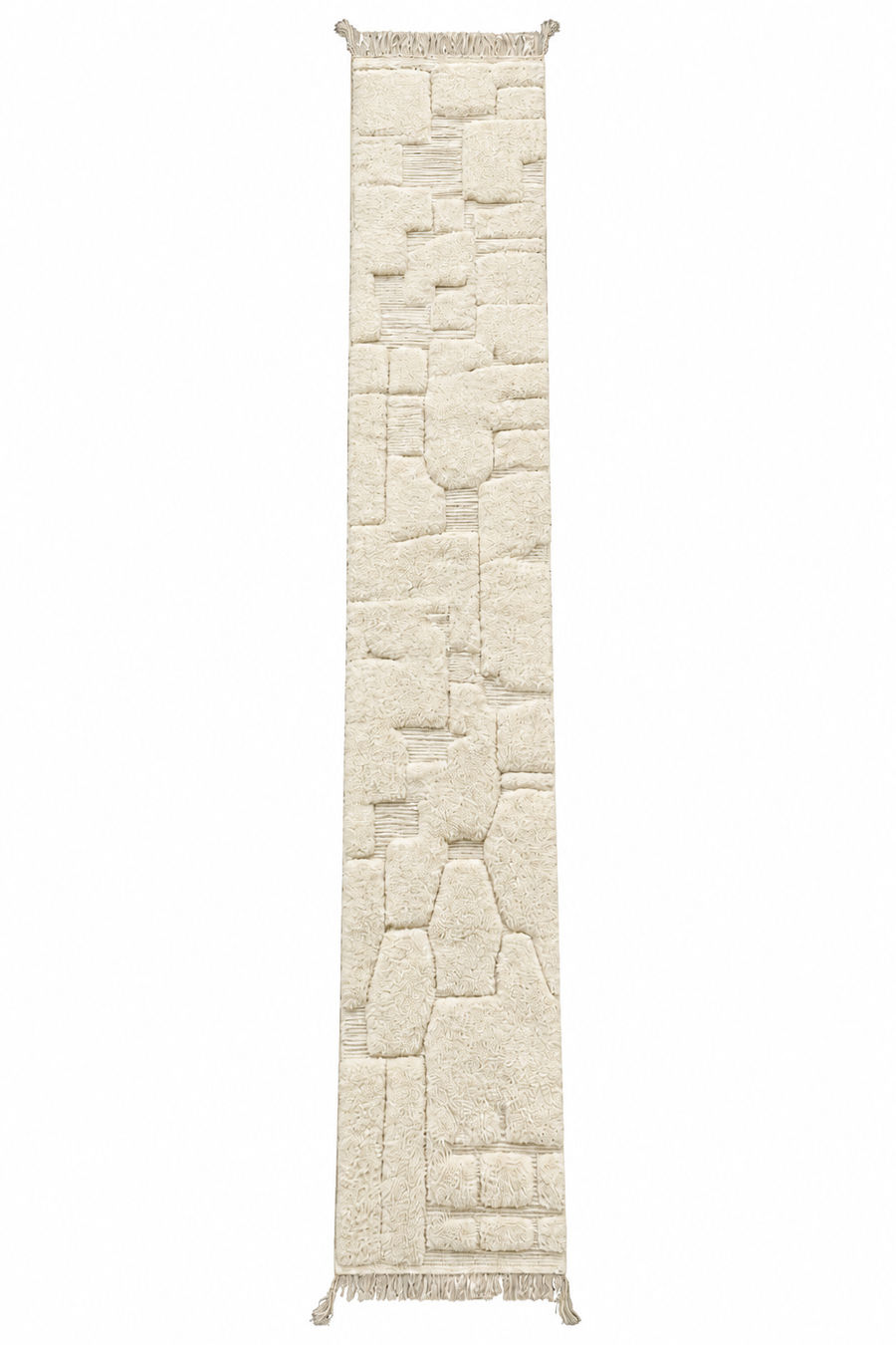 Full view of Natural White Moroccan Runner with Relief Pattern, 445 × 78 cm.
