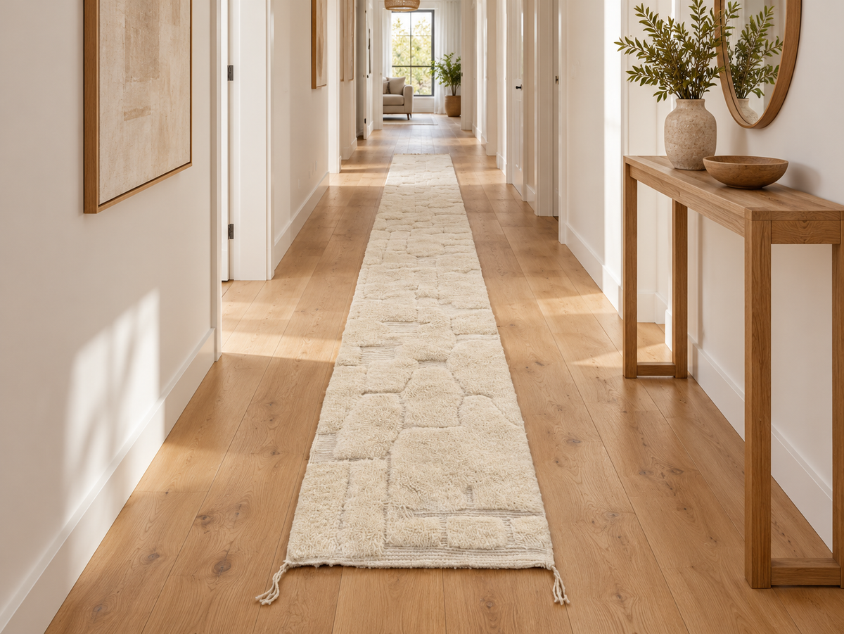 Berber Läufer Naturweiß mit Reliefmuster – 445 × 78 cm, Wohnraum-Visualisierung