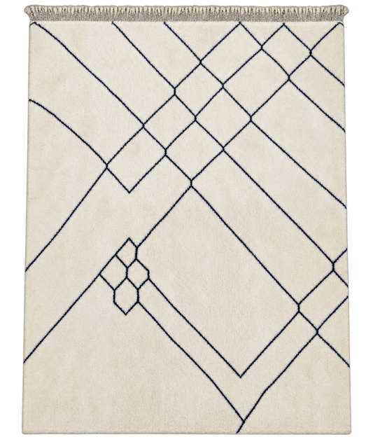 Beni Ourain Teppich Naturweiß mit schwarzen Linien – 303 × 255 cm, freigestellte Gesamtansicht