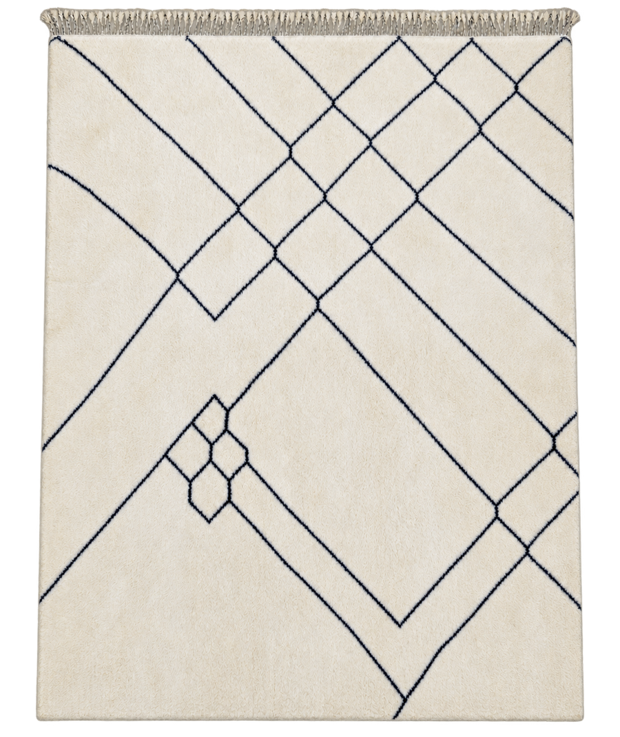 Natural White Beni Ourain Rug with Black Lines, 303 × 255 cm.