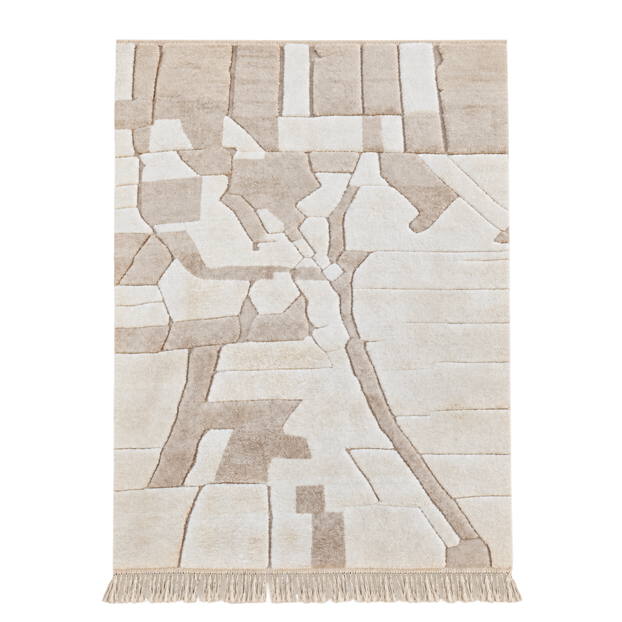 Full view of Beige and Taupe Beni Ourain Rug with Block Pattern, 426 × 303 cm.