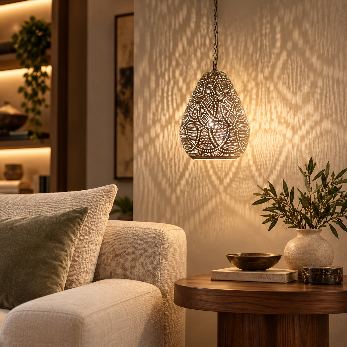 Amaya – orientalische Hängeleuchte aus versilbertem Messing, Wohnraumvisualisierung