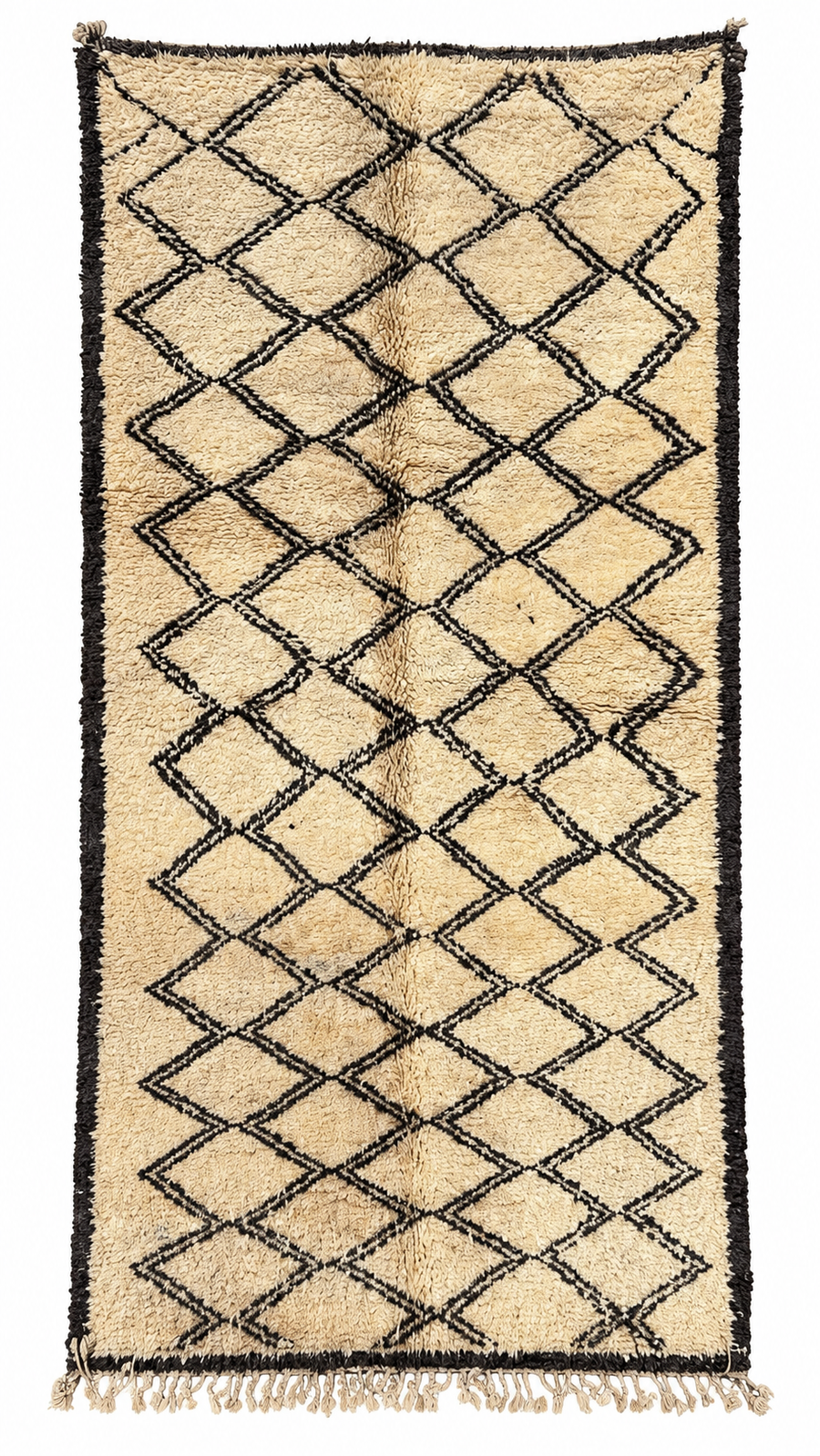 Long Cream Beni Ourain Rug with Black Diamond Grid, 390 × 170 cm.