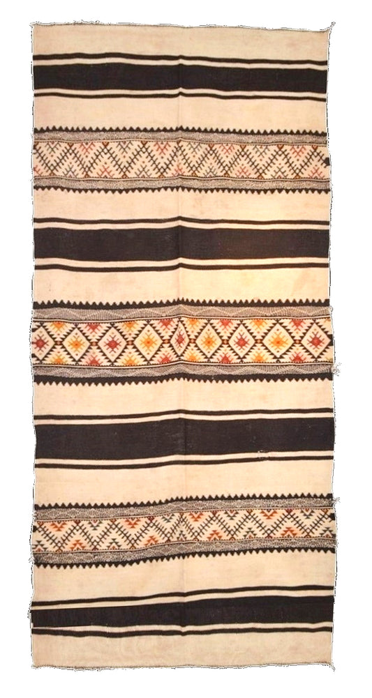 Vintage-Kelim K06 mit bunten Rautenbändern, 340 × 145 cm – Creme und Dunkelbraun mit roten und gelben Akzenten